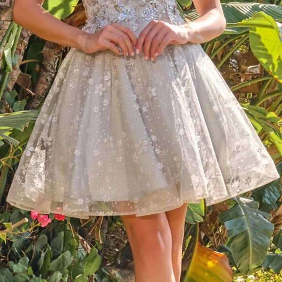 New Off Shoulder Mini Mesh Homecoming Gown w/ Butterfly Appqliue & Sequins GS368 - Picture 6 of 9